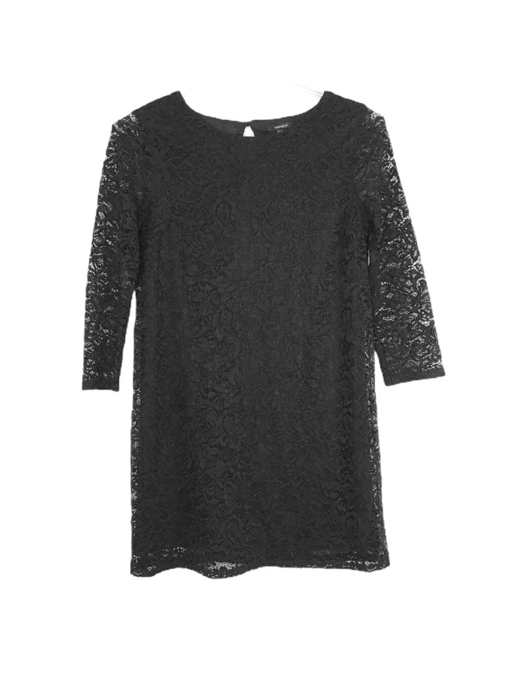 Forever 21 Womens M Black Lace Overlay Mini Dress 3/4 Sleeves Round Neck LBD